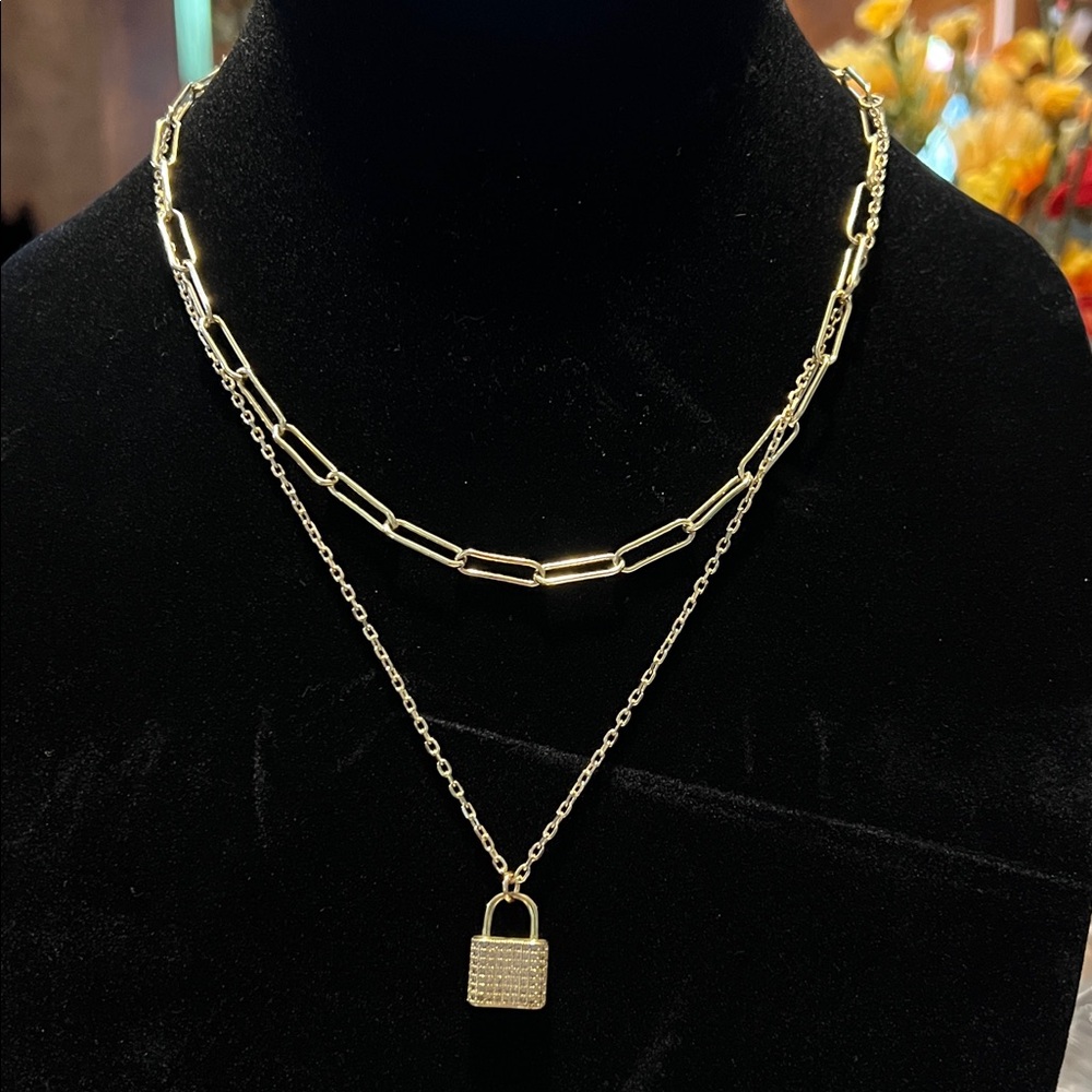 Farrah b lock necklace layer gold paper clip chain, neutral chain padlock charm.